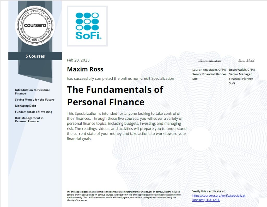 Maxim Ross - Fundamentals of Personal Finance Specialization