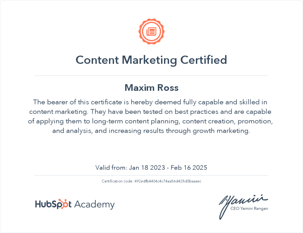 Maxim Ross - HubSpot Content Marketing Certified