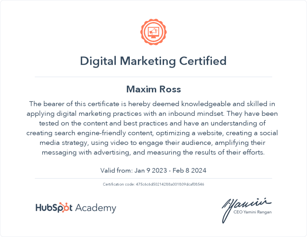 Maxim Ross - HubSpot Digital Marketing Certified