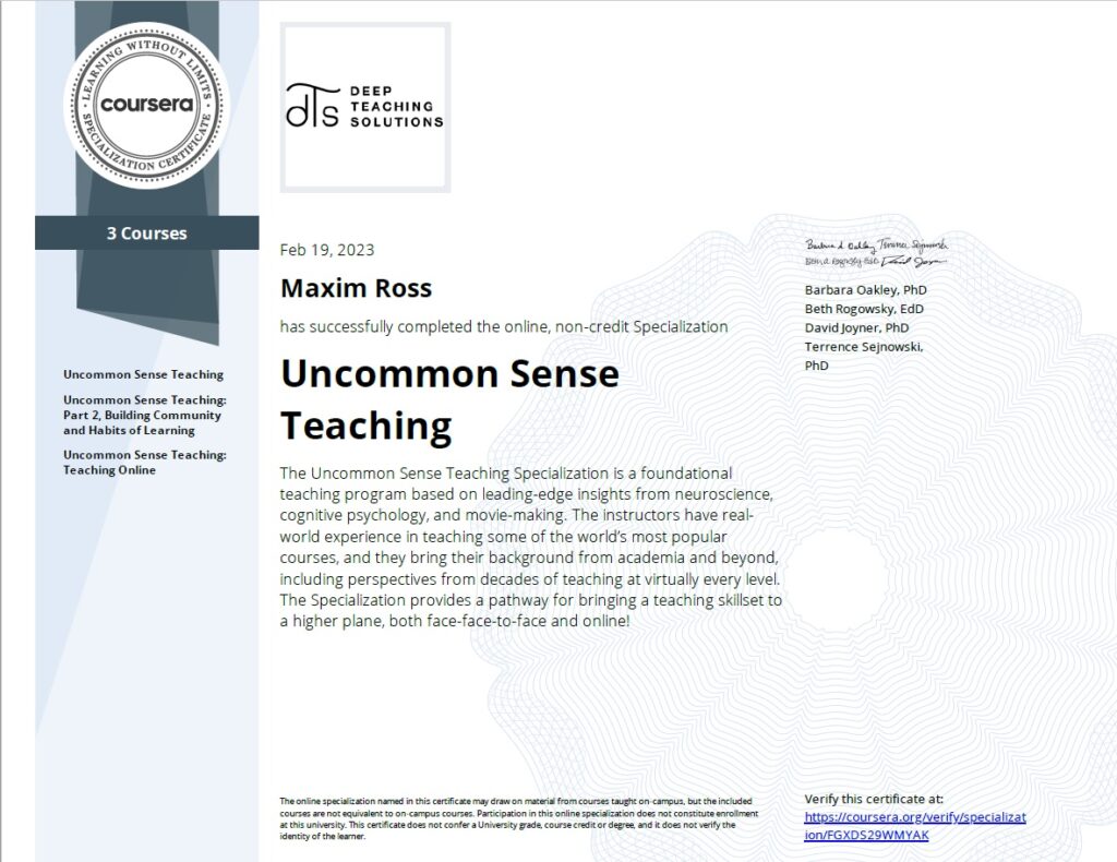 Maxim Ross - Uncommon Sense Teaching Specialization Qualification