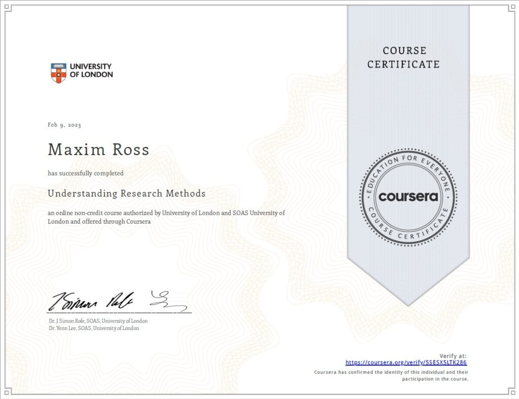 Maxim Ross - Understanding Research Methods Certification