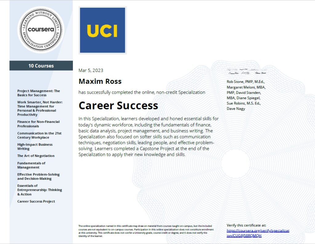 Maxim Ross - Career Success Specialization Certification
