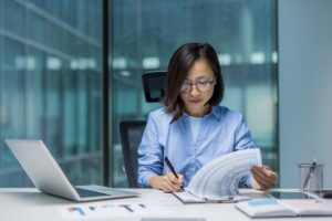 Focused woman working at desk